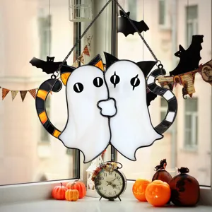 Halloween ghost cat stained glass hanging ornament window decor holiday party prop gift