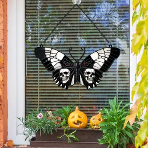 Halloween black and white butterfly skull metal hanging pendant decor detail showcase