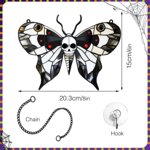 Halloween gothic skull moth stained glass hanging ornament with chain and hook 20x15cm