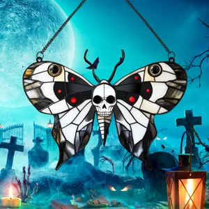 Halloween skull moth hanging wall decor, gothic metal iron craft ornament for holiday party setup.