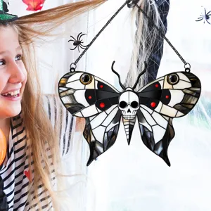 Halloween stained glass moth skull hanging pendant window decoration gothic home art