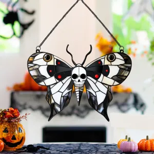 Halloween stained glass moth hanging ornament with skull design for spooky home party decor