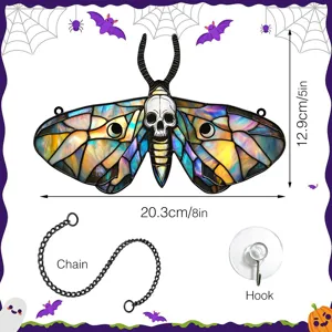 Halloween stained glass skull moth hanging ornament with chain and hook for home holiday decor