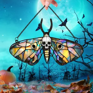 Halloween stained glass moth skull hanging decor gothic wall art iron craft ornament party prop