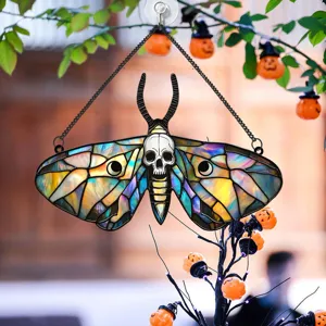Stained glass skull moth hanging ornament, gothic Halloween home wall decor iron art piece.