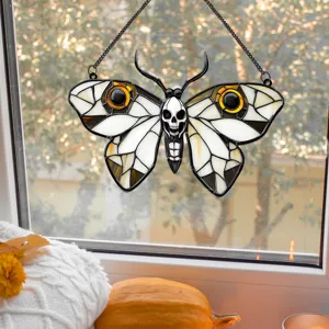 Halloween Stained Glass Moth Wall Hanging Skull Window Decor Iron Craft Home Ornament
