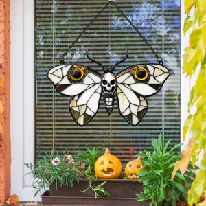 Gothic death-head moth stained glass window hanging decoration for Halloween home decor.