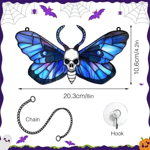 Halloween gothic blue butterfly skull wall hanging with chain and hook, 20.3cm detail.