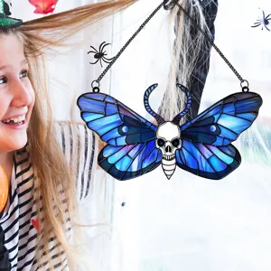 Halloween stained glass blue butterfly skull hanging decoration metal gothic home wall decor.
