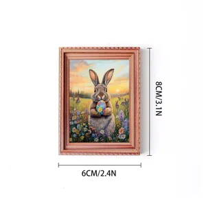 Easter bunny wooden fridge magnet with decorative frame, festive home decor item 8x6cm.