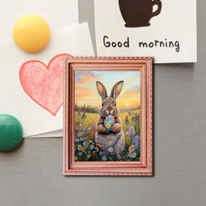 Easter wooden photo frame refrigerator magnet with bunny and egg illustration for holiday decor.