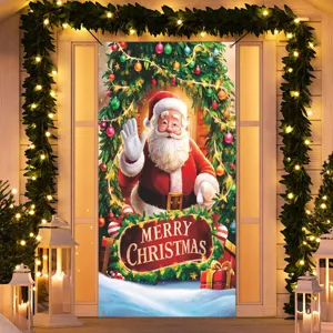 Weihnachtstür Banner Dekoration mit Weihnachtsmann und festlicher Lichterkette.