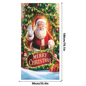 Weihnachts-Tuerbanner Dekoration mit Weihnachtsmann Motiv und froehlicher Festszene zu Hause.