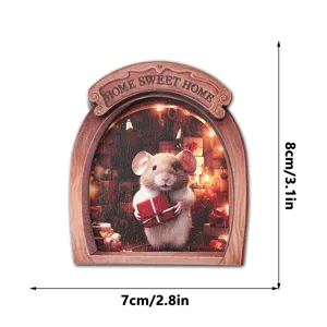 Wooden Christmas mouse hole fridge magnet with cute animal design and warm decorative details.