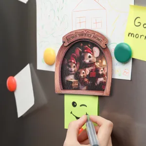Wooden Christmas mouse hole fridge magnet detail view, 3d magnetic sticker for home decor