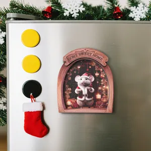 Detailed view of wooden Christmas mouse hole magnetic sticker for fridge home decor.