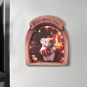 Detailed close-up shot of wooden 3D magnetic mouse hole fridge sticker featuring cute holiday design.
