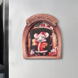 Christmas mouse hole fridge magnet detail view, wooden decorative magnetic sticker.