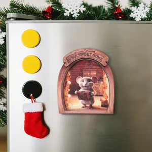 Close-up detail of the wooden 3D mouse hole magnetic fridge sticker featuring festive Christmas theme.