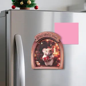 Detailed close-up view of the cute wooden mouse hole refrigerator magnet decoration with lights.