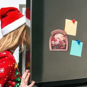 Wooden mouse hole Christmas fridge magnet, 3D magnetic photo frame sticker for home decor.