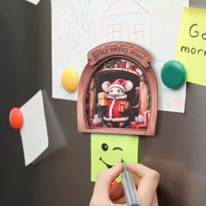 Wooden christmas mouse fridge magnet decorative 3d mouse hole scene fridge sticker home decor