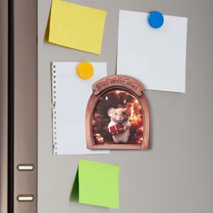 Detail view of wooden Christmas mouse hole fridge magnet, charming 3d home decor sticker.