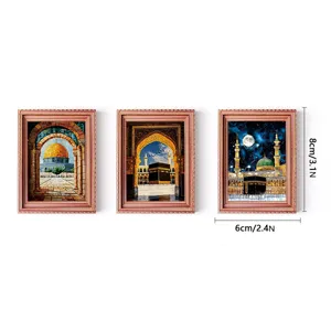 Islamic architecture fridge magnets, middle eastern style wooden photo frame magnets 3pcs