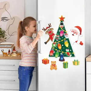 Christmas magnetic refrigerator stickers detail view featuring cute tree, Santa and reindeer design.