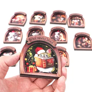 Wooden Christmas mouse hole fridge magnet 3D magnetic sticker for home decoration