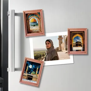 Detailed view of Middle Eastern style architectural and portrait wooden fridge magnets set.