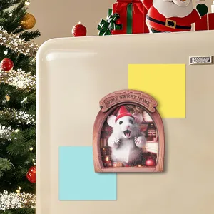 Christmas wooden fridge magnet, cute 3D mouse hole design, home kitchen decor sticker.