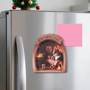 Wooden photo frame magnetic fridge magnet with 3D mouse hole Christmas design for home decor.