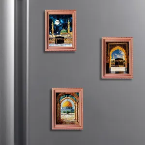 Miniature Islamic architecture fridge magnets with vintage wooden frames for home decor.