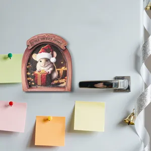 Wooden Christmas mouse hole fridge magnet detail showing cute holiday decor and festive vibe.