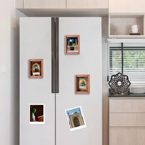 Middle eastern style architectural wooden fridge magnet set for kitchen decor display.