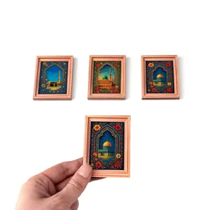 Islamic architecture wooden magnetic fridge magnet set, Middle Eastern style home decor.