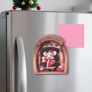 Detailed view of the Christmas mouse hole wooden fridge magnet, perfect holiday decor.