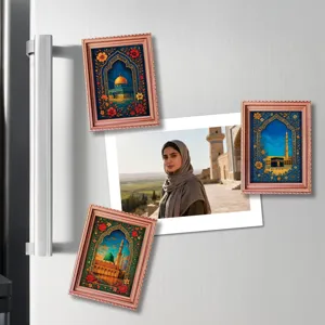 Islamic architecture fridge magnets set featuring wooden photo frames with holy sites and scenery.