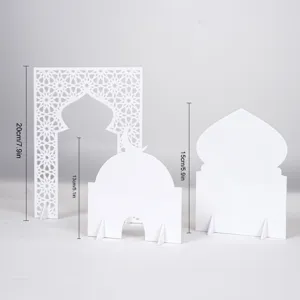 Detail view of white Islamic architecture table decorations, mosque arch ornament stand set.