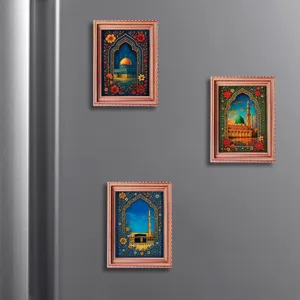 Detailed view of Middle Eastern style Islamic architecture wooden fridge magnets set of three.