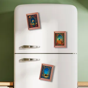 Detail view of Middle Eastern style architectural wooden photo frame fridge magnets.