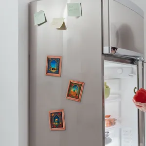 Detail view of Middle Eastern Islamic architecture wooden fridge magnets attached to fridge.