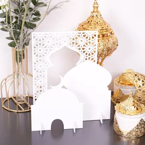 Detailed view of white acrylic Islamic architectural tabletop decor with mosque dome.