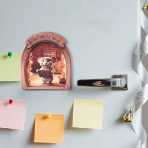 Wooden mouse hole fridge magnet detail, 3D cute animal magnetic sticker for home decor.
