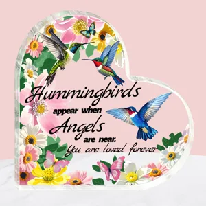 Acryl hartvormig ornament met kolibri en bloemen print ontwerp voor speciale cadeaus.