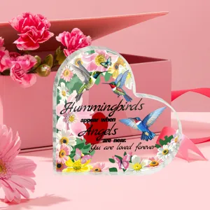 Hartvormige acryl plaquette kolibrie bloemen bureau decoratie romantisch valentijn cadeau