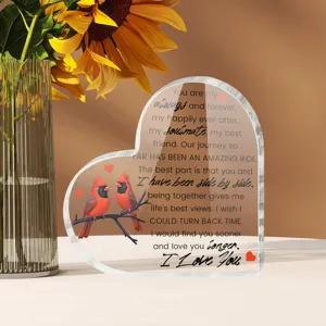 Detail van acryl hart ornament, Valentijnsgeschenk met schattige vogels en romantische quotes.