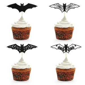 Halloween schwarze Glitzer Fledermaus Cupcake Topper, schaurige Party Deko Picks, 4 Stile.
