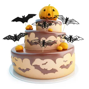 Halloween Kuchenaufsatz Set mit glitzernden Fledermäusen und Kürbissen für Gruselpartys.